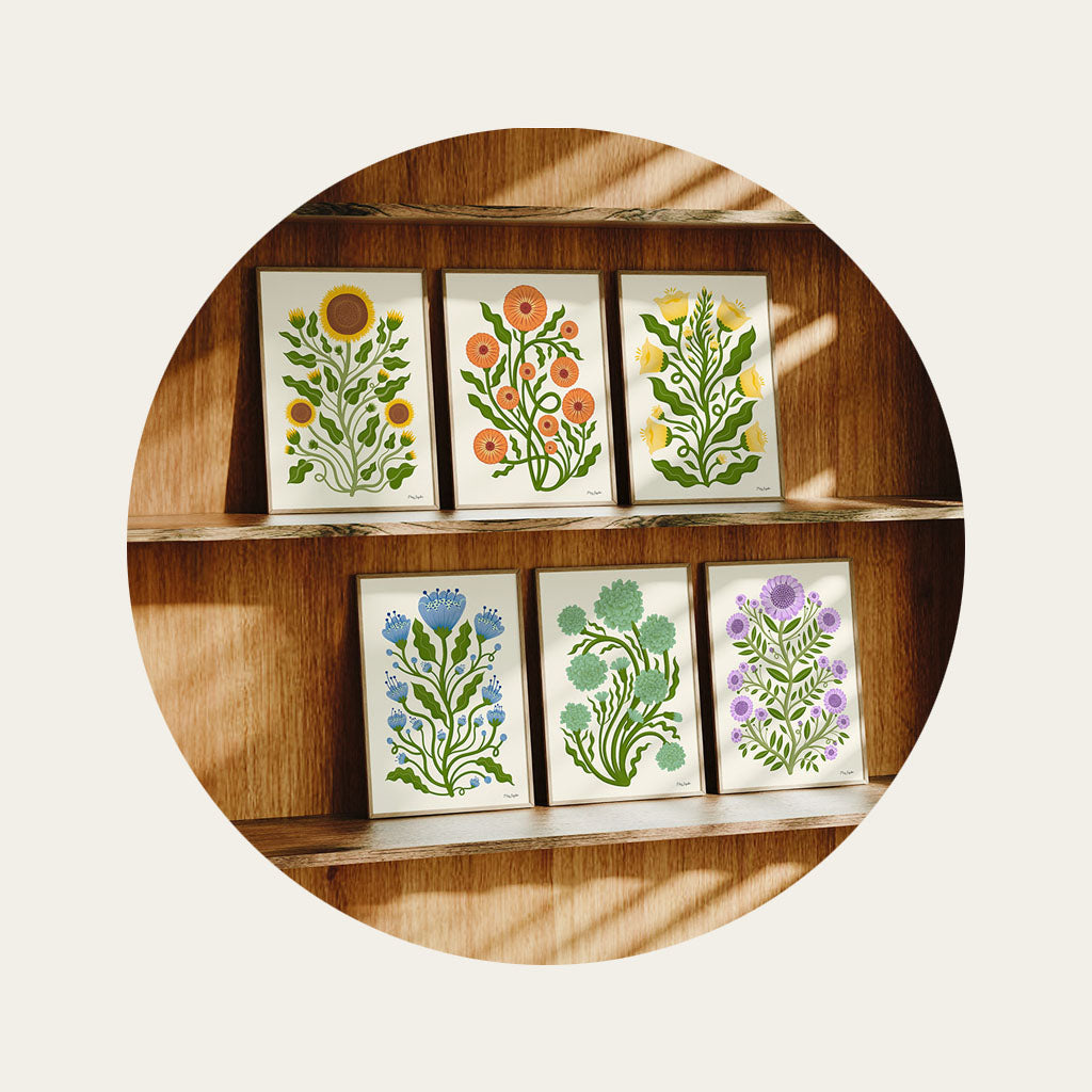 A set of six vintage style botanical art prints displayed on two wooden shelves in someone's mid-century home.