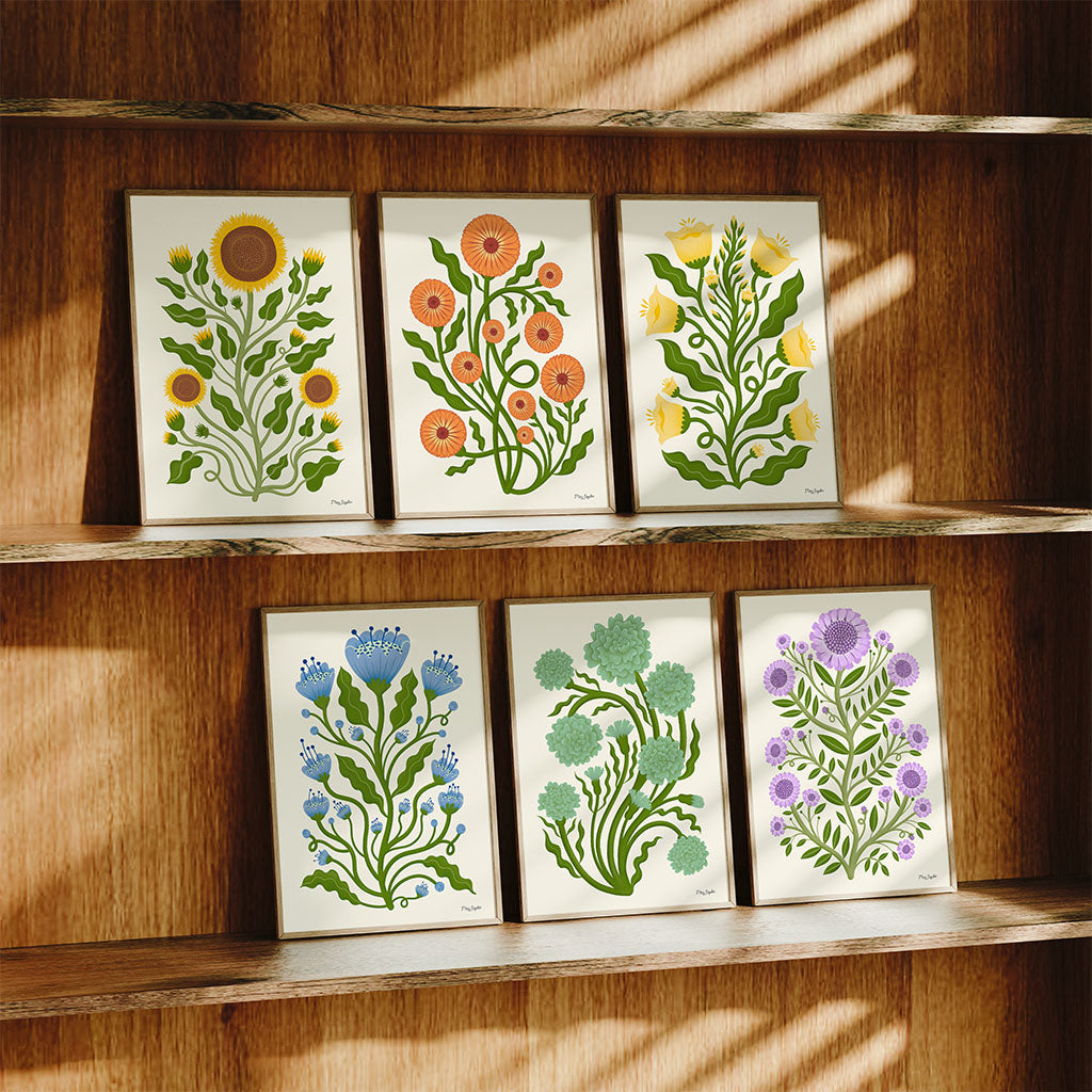 The Folk Flower set of 6 art prints, featuring vibrant floral designs like sunflowers and evening primrose, is displayed on wooden shelves with sunlight casting gentle shadows across the botanicals.