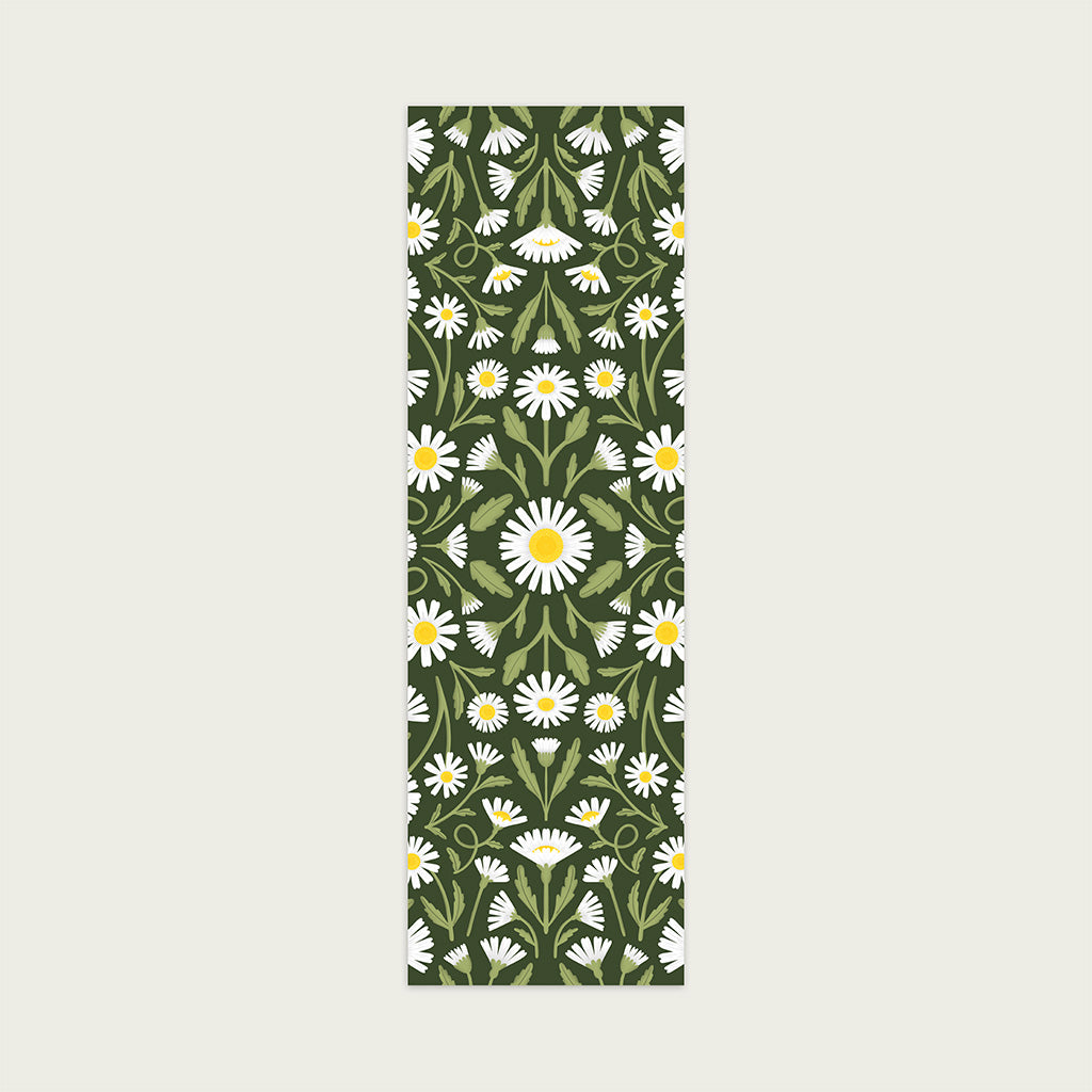 Heritage Daisies Bookmarks feature a repeating white daisy and green leaf design on a dark green background, crafted from sustainable materials for an eco-friendly reading experience.