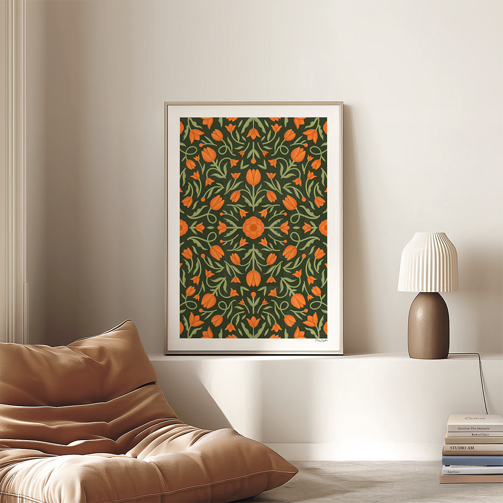 The Heritage Tulips Art Print showcases orange and green flowers and leaves on a dark background, ideal for classical interiors.