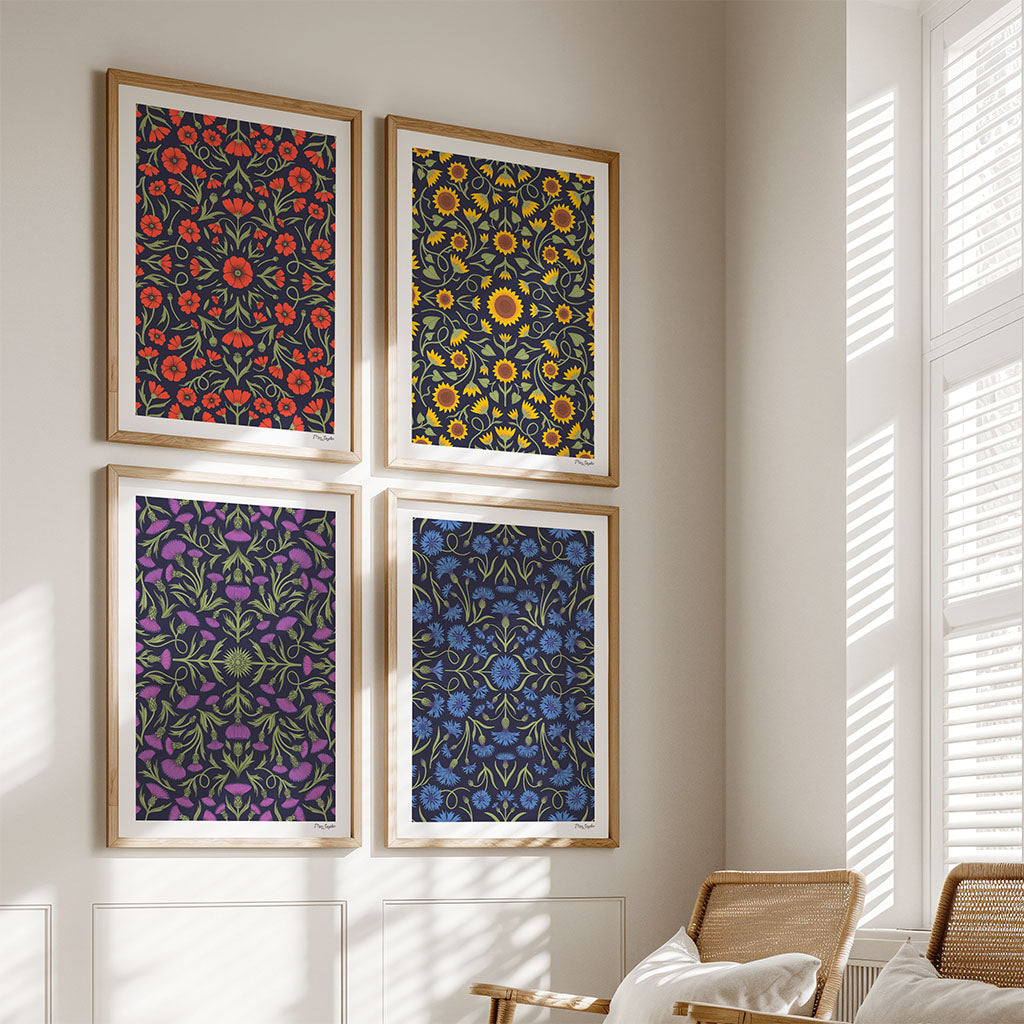 A set of 4 vintage style art prints with intricate floral patterns in red, yellow, purple, and blue, arranged in a two-by-two grid on a light background.