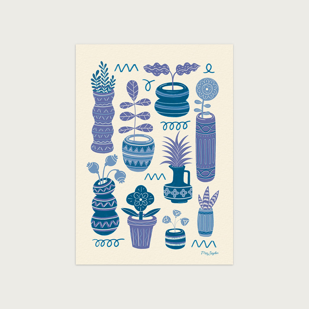Blue Pots & Plants Art Print: Features nine stylized potted plants in blue and purple hues, each in unique retro ceramics on a light background—a charming decor piece for house plant lovers.