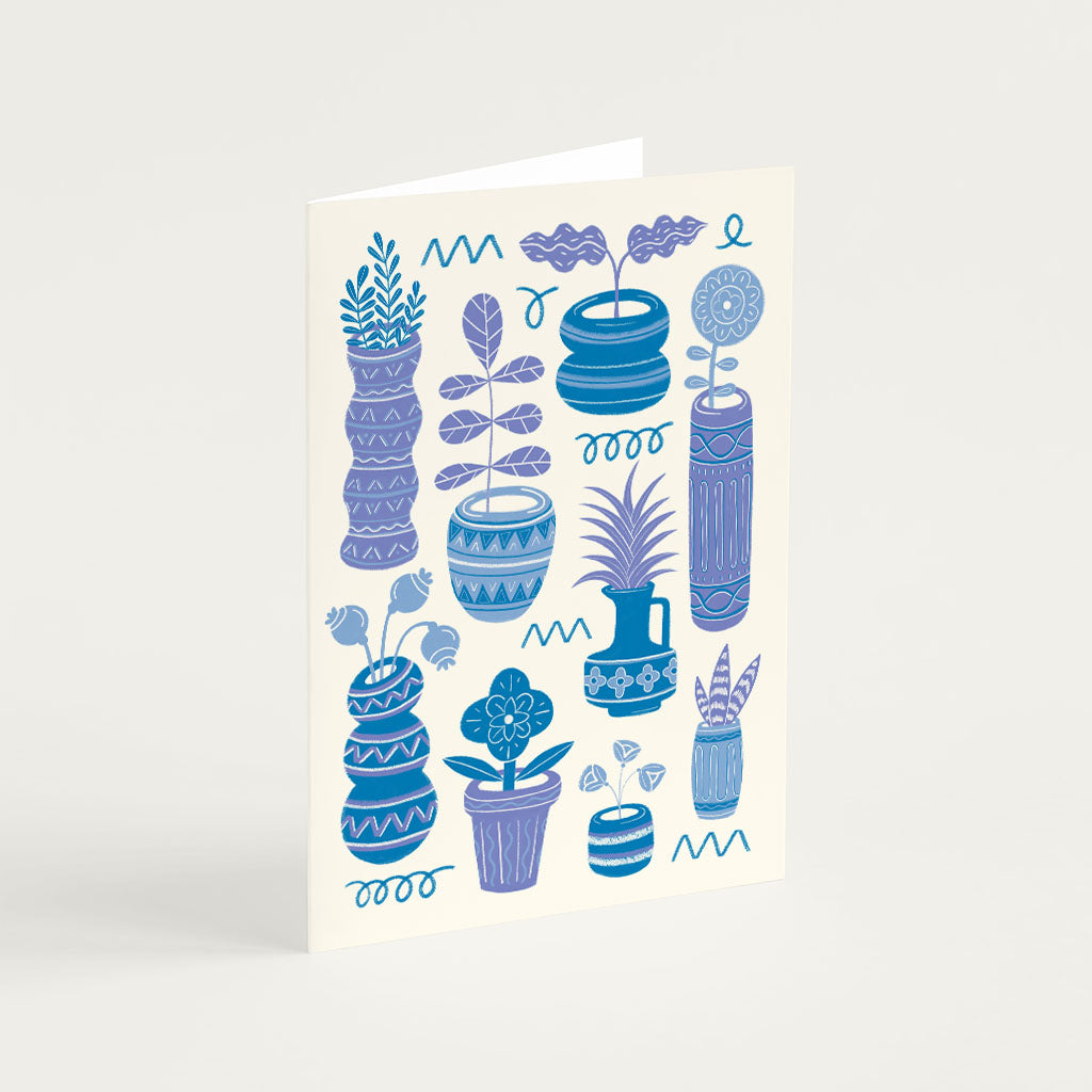 Blue Pots &amp; Plants Greetings Card