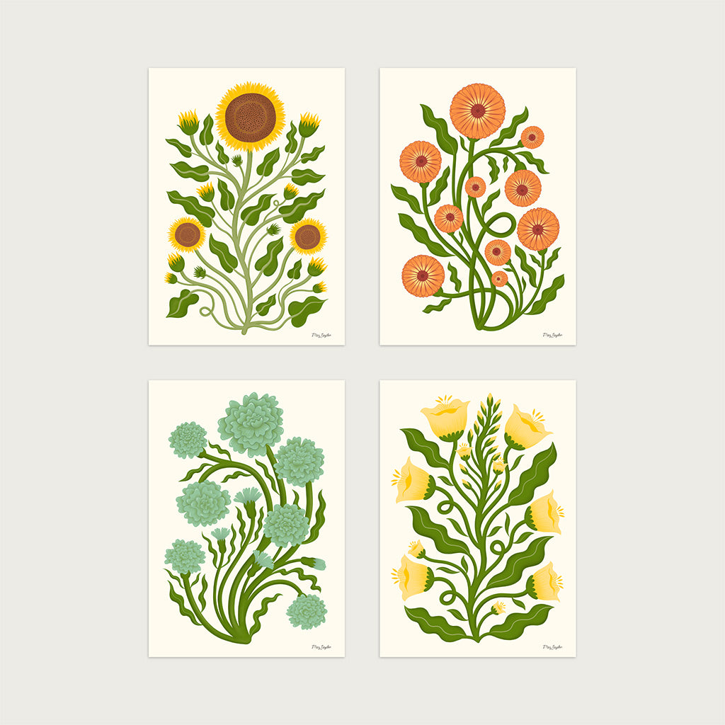 Folk Flowers x4 Art Print Bundle