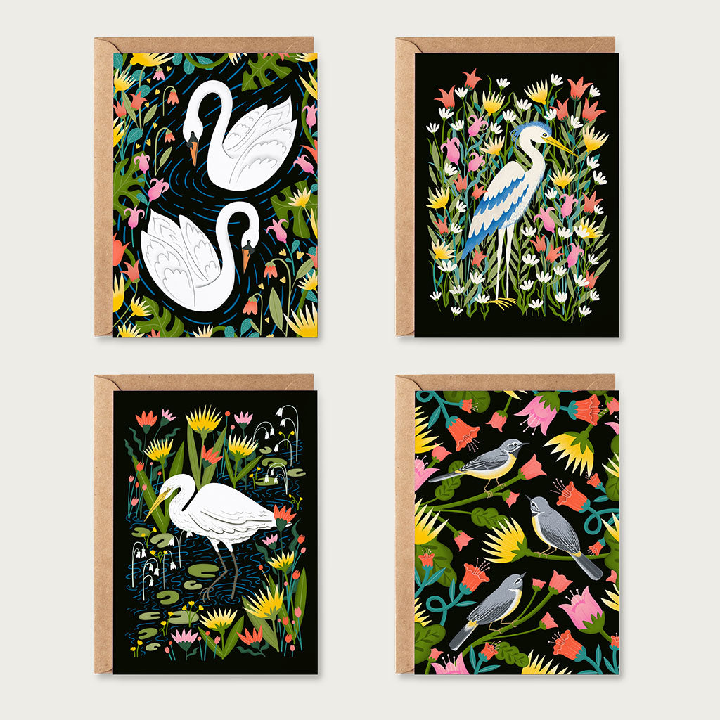 The British Birds Greetings Card Set includes four illustrated cards each with birds amongst colourful flowers. Recycled envelopes are included.
