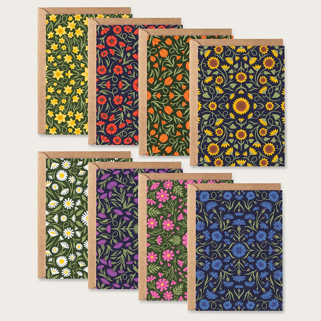 The Heritage Greetings Card Set includes 8 vintage style botanical cards, each with a unique colourful floral pattern from the Heritage collection, and comes with kraft paper envelopes.