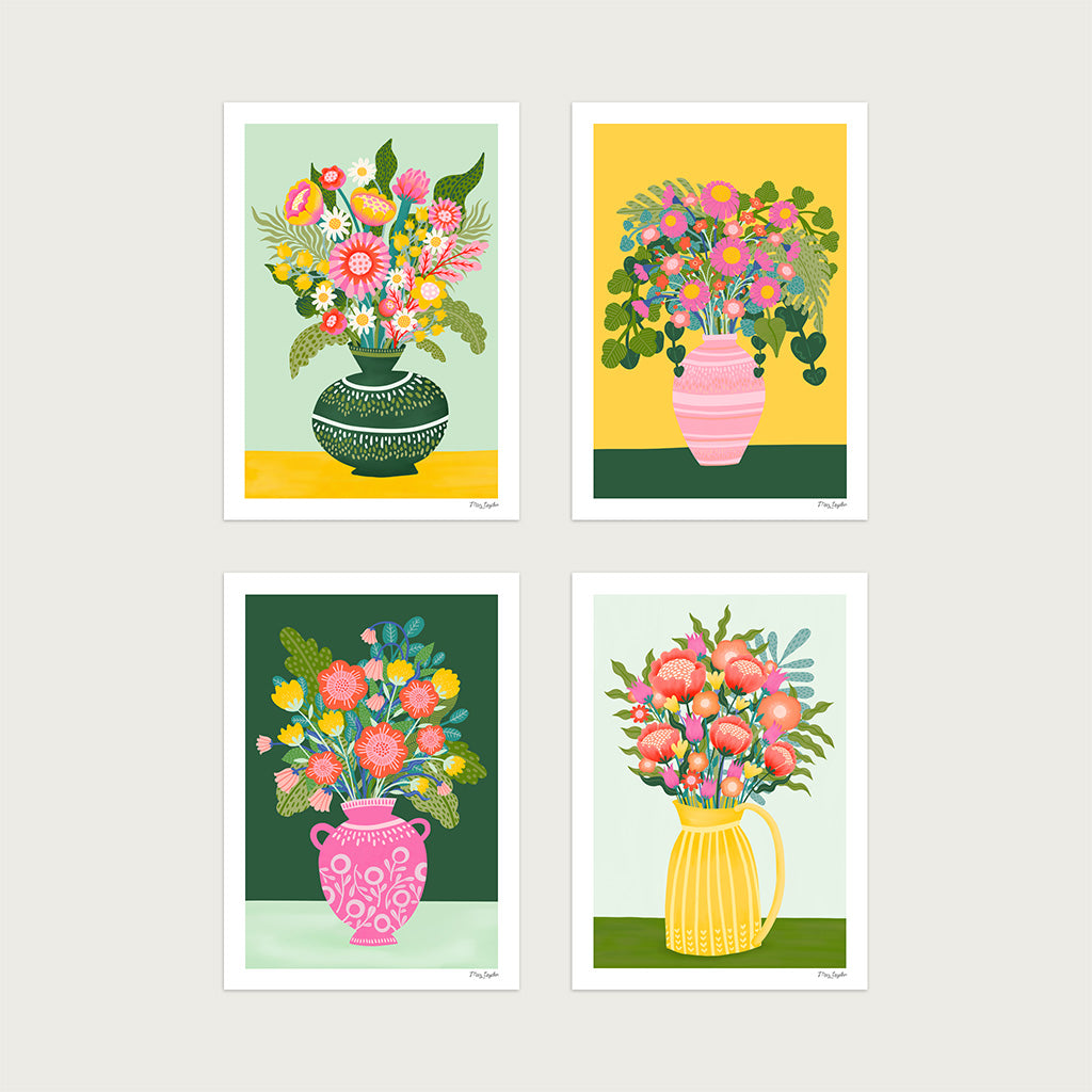 The Flower Vases x4 Art Print Set features four vibrant art prints of floral arrangements in illustrated vases and pitchers, each on a unique colored background with a white border.