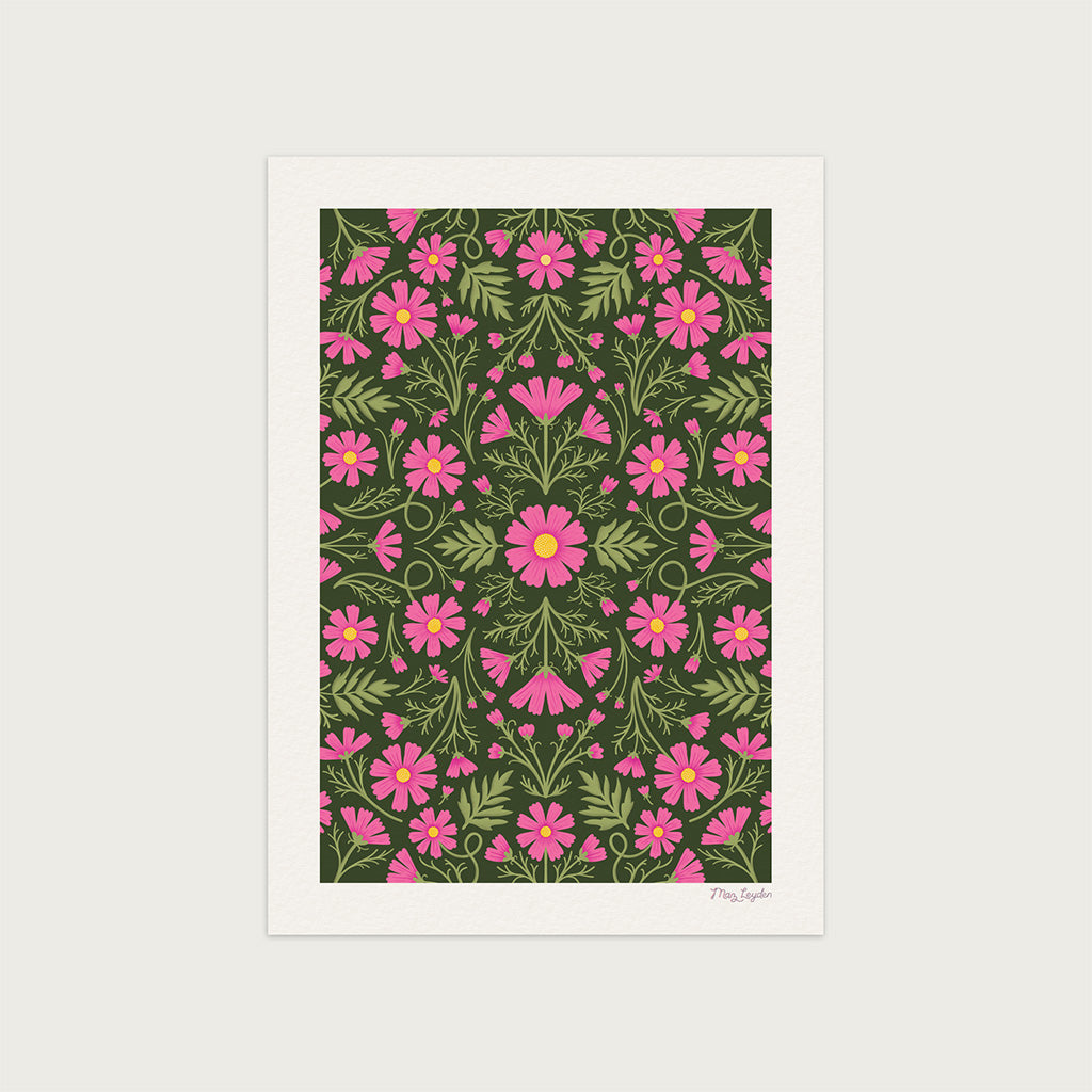 The Heritage Cosmos Art Print showcases pink Cosmos flowers and green leaves on a dark background, creating a symmetrical, refined period pattern design.