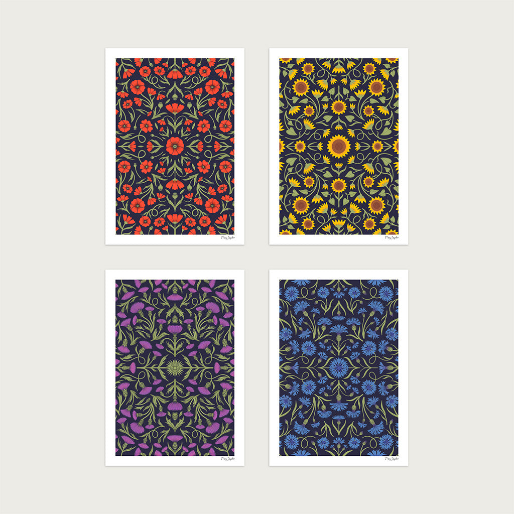 A set of 4 vintage style art prints with intricate floral patterns in red, yellow, purple, and blue, arranged in a two-by-two grid on a light background.