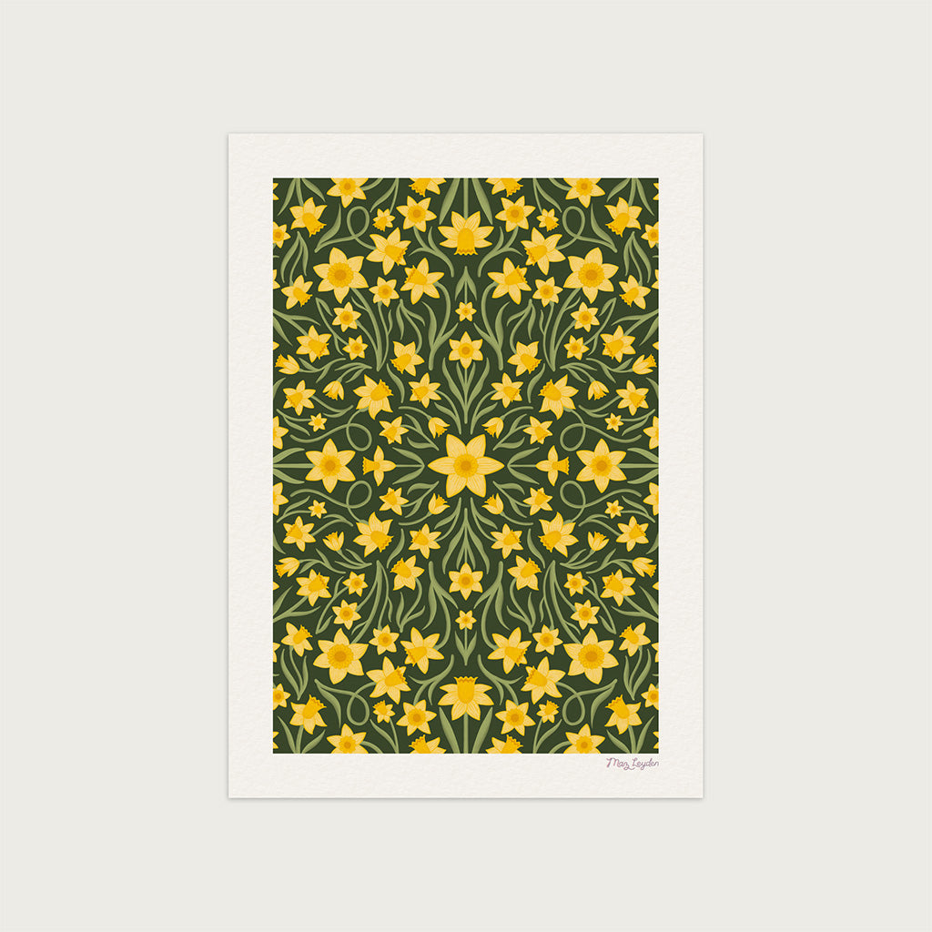 The Heritage Daffodils Art Print showcases a symmetrical design of yellow daffodils and green leaves on a dark background, a vintage botanical piece ideal for spring decor.