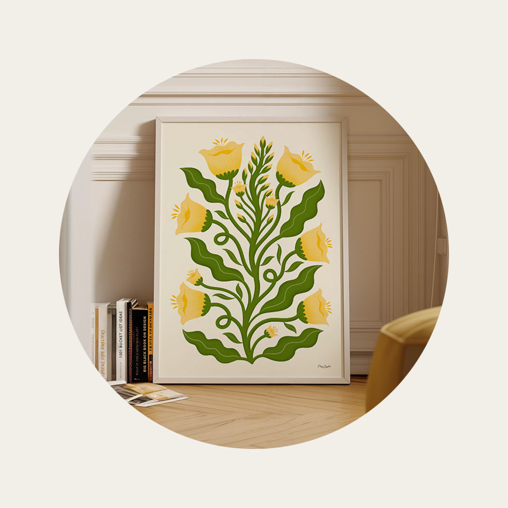 A large art print leans against a panelled wall. The art is an illustrated evening primrose plant in a vintage botanical style.