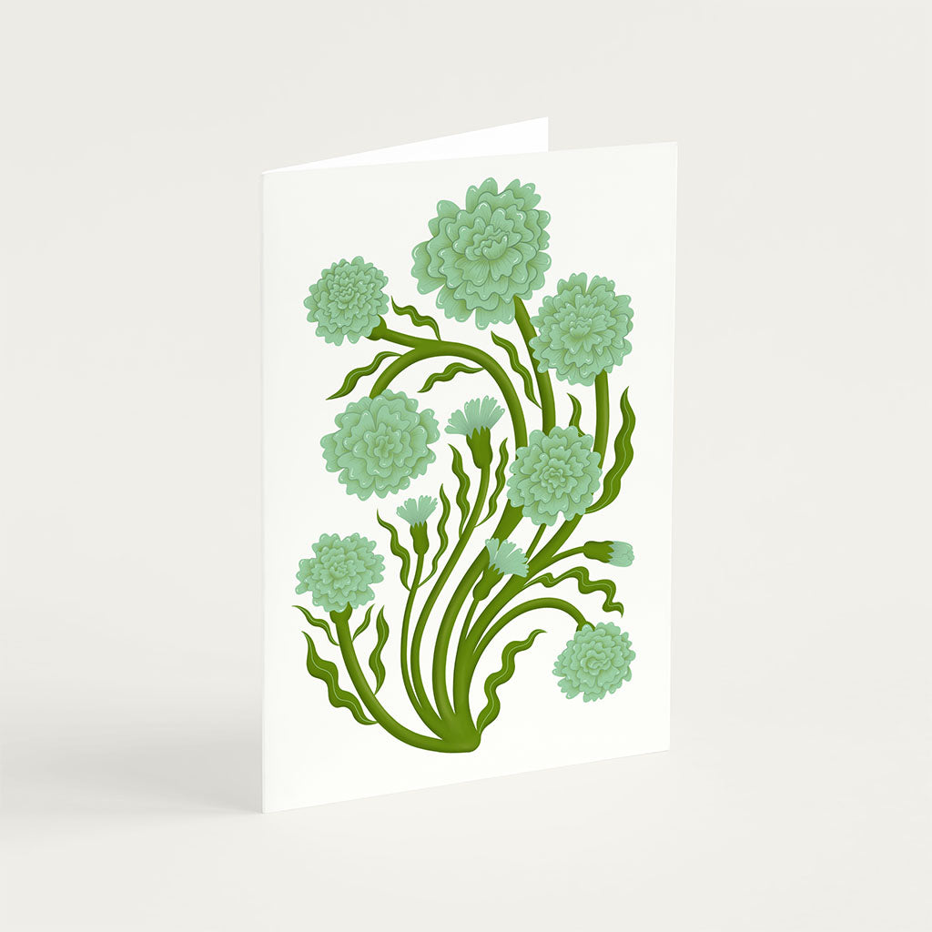 The Green Carnations Greetings Card features a vintage style botanical illustration of green flowers and leafy stems.