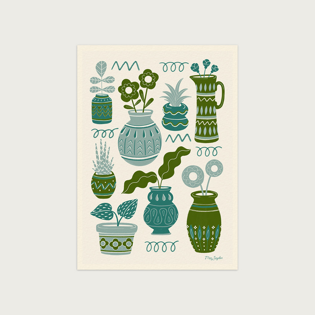 A Green Pots & Plants botanical Art Print featuring nine potted plants in stylish vases on a cream backdrop with green and blue accents, available as fine art giclée prints on sustainable Hahnemühle Photo Rag paper.