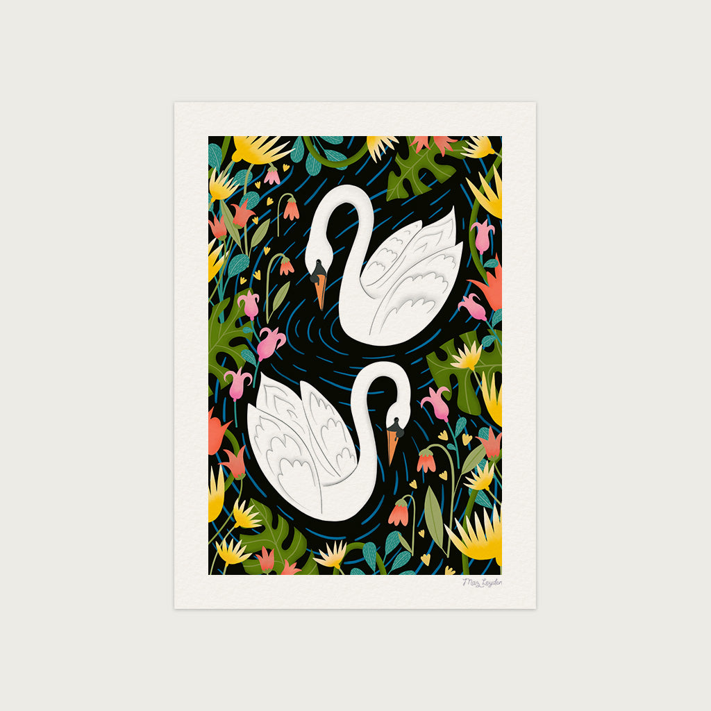 The Swans Art Print features two elegant birds gliding on water, framed by vibrant, stylised flowers and leaves in a botanical-inspired illustration.
