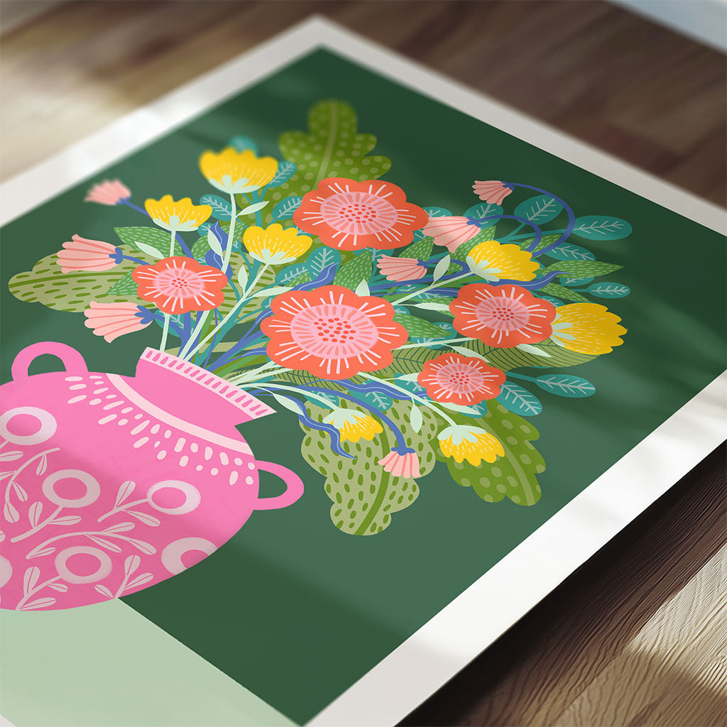 Add vibrant style to any space with the Flowers in a Vase fine Art Print, featuring bright red, yellow, and orange florals in a pink vintage-inspired vase against a dark green backdrop—perfect for a colourful touch.