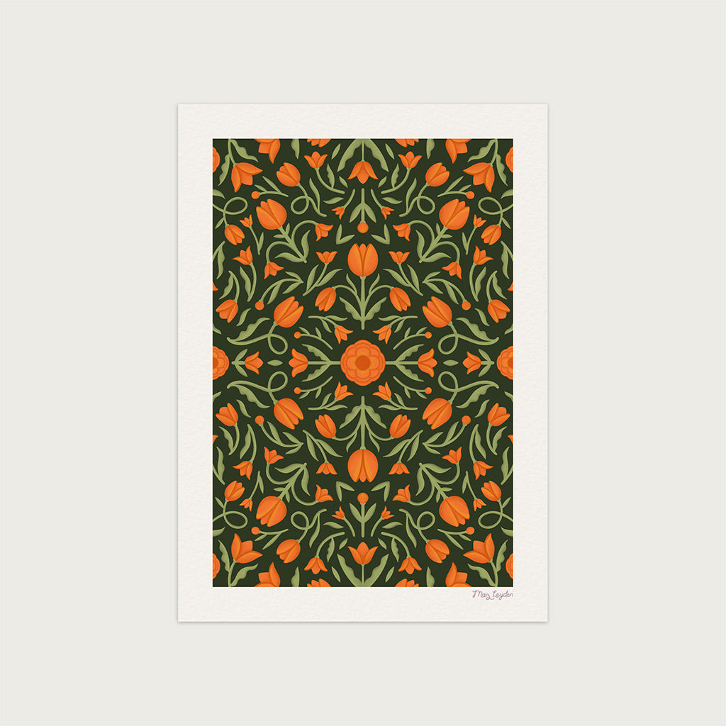The Heritage Tulips Art Print showcases orange and green flowers and leaves on a dark background, ideal for classical interiors.