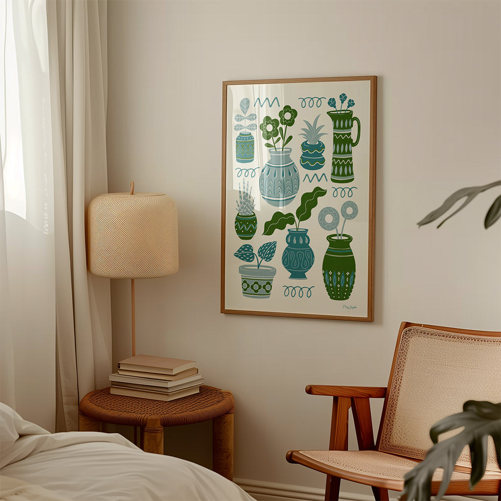 A Green Pots & Plants botanical Art Print featuring nine potted plants in stylish vases on a cream backdrop with green and blue accents, available as fine art giclée prints on sustainable Hahnemühle Photo Rag paper.