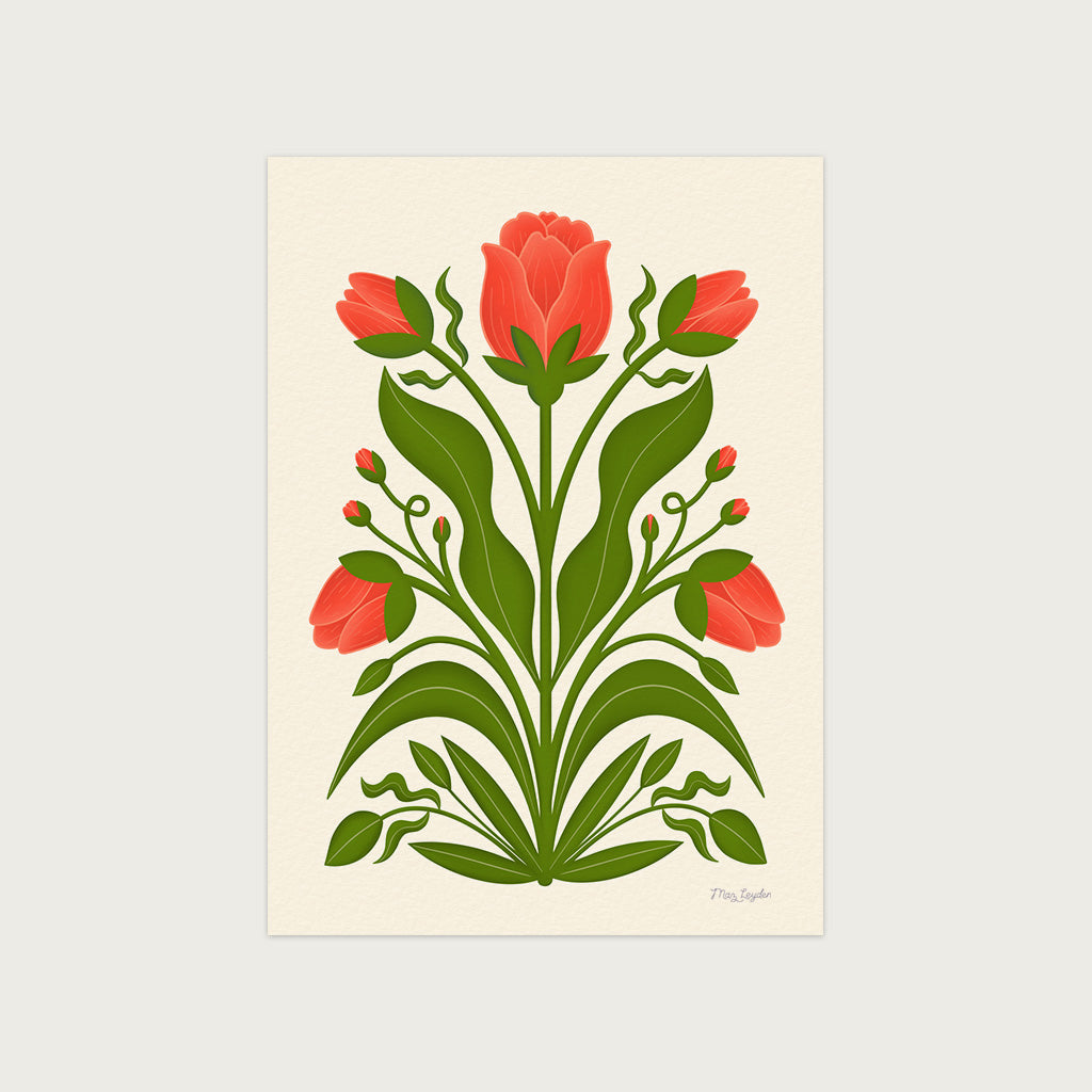Red Tulips Art Print: a symmetrical botanical illustration with five red tulips and green leaves on a light beige background, perfect floral wall art to add elegance to your red-themed home decor.