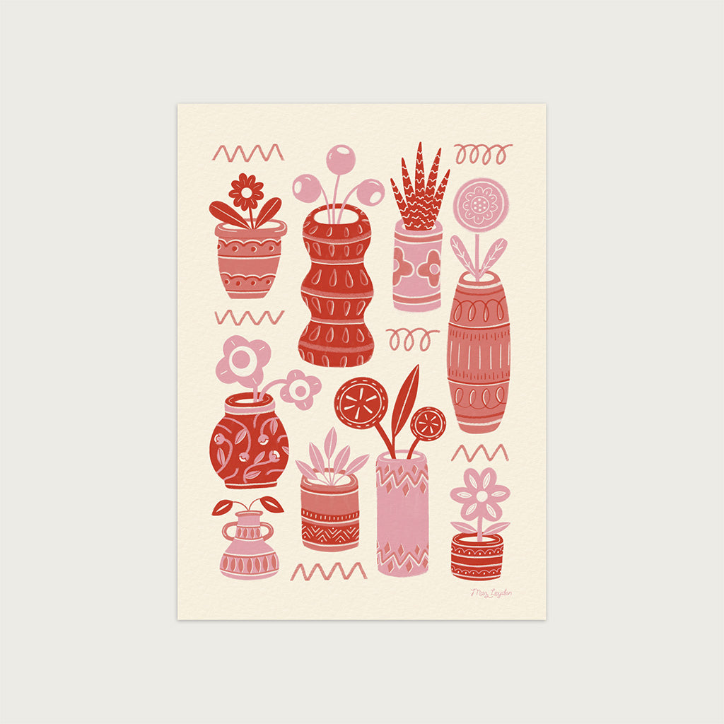The Red Pots & Plants Art Print features nine decorative red and pink vases with stylized house plants and flowers, accented by abstract squiggles -  perfect botanical wall art for any space.