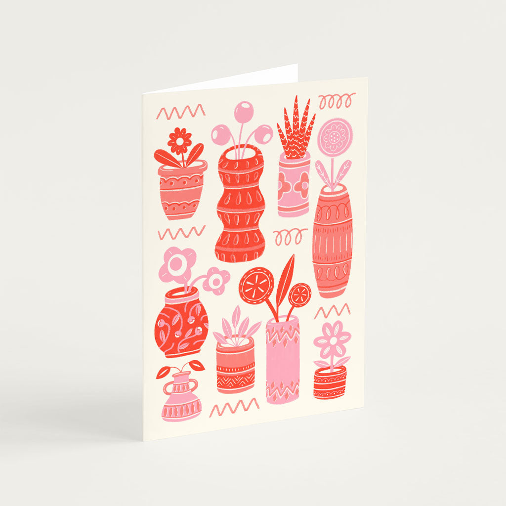 Red Pots &amp; Plants Greetings Card