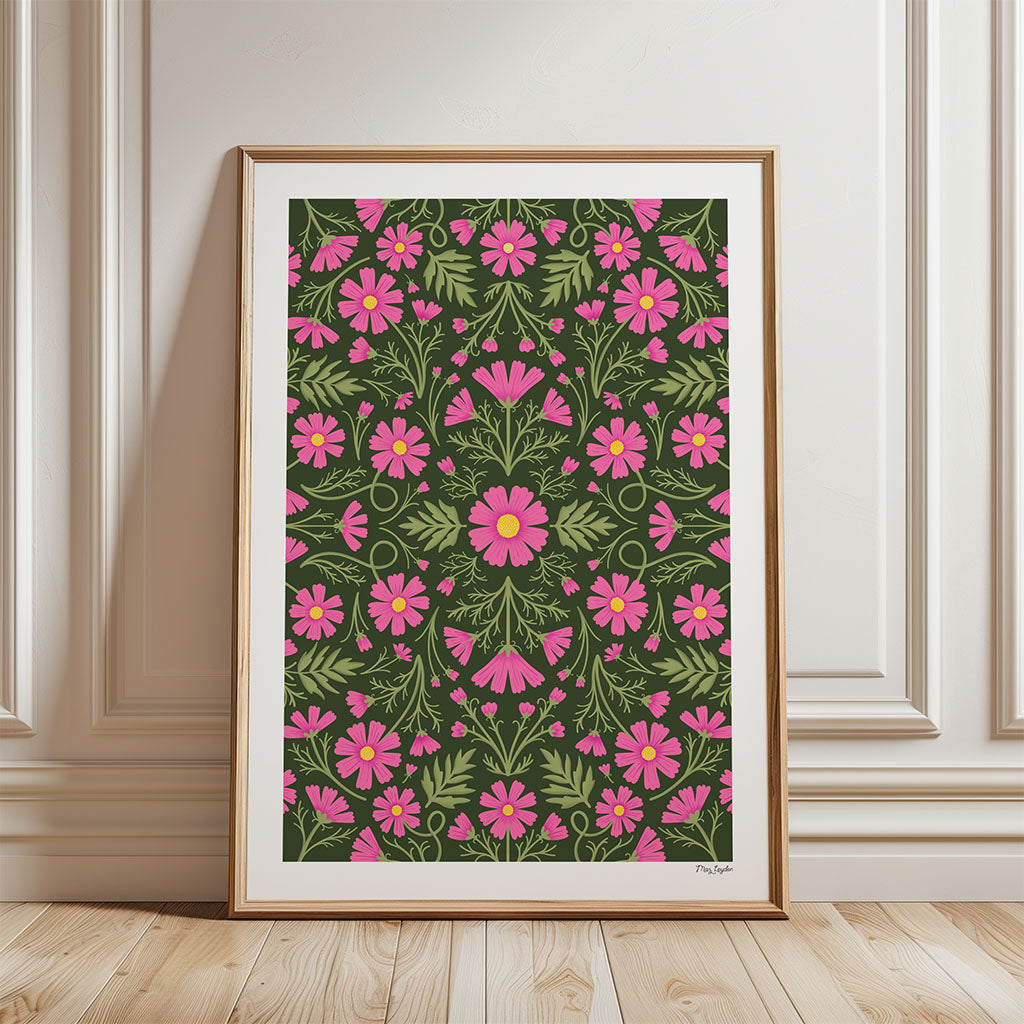 The Heritage Cosmos Art Print showcases pink Cosmos flowers and green leaves on a dark background, creating a symmetrical, refined period pattern design.
