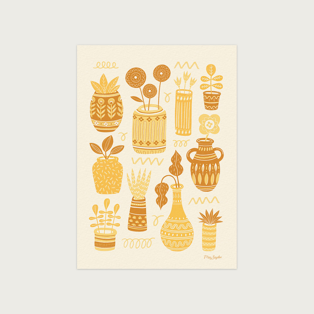 Yellow Pots & Plants Art Print features retro ceramics and vibrant yellow and orange potted plants arranged in a grid on a cream background—ideal for house plant lovers.