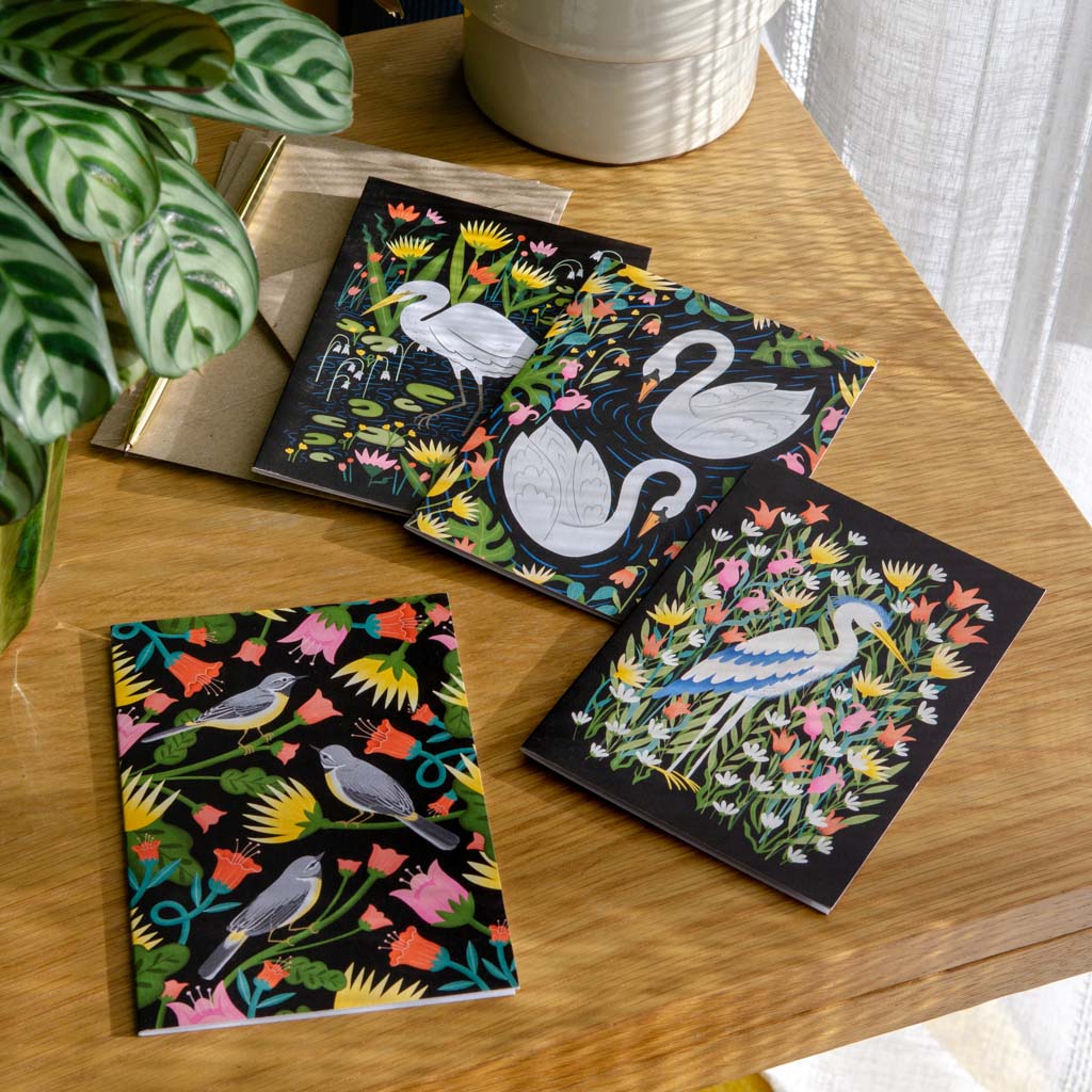 The British Birds Greetings Card Set, featuring charming bird and floral designs, is displayed on a wooden surface beside a green plant and sheer curtains.