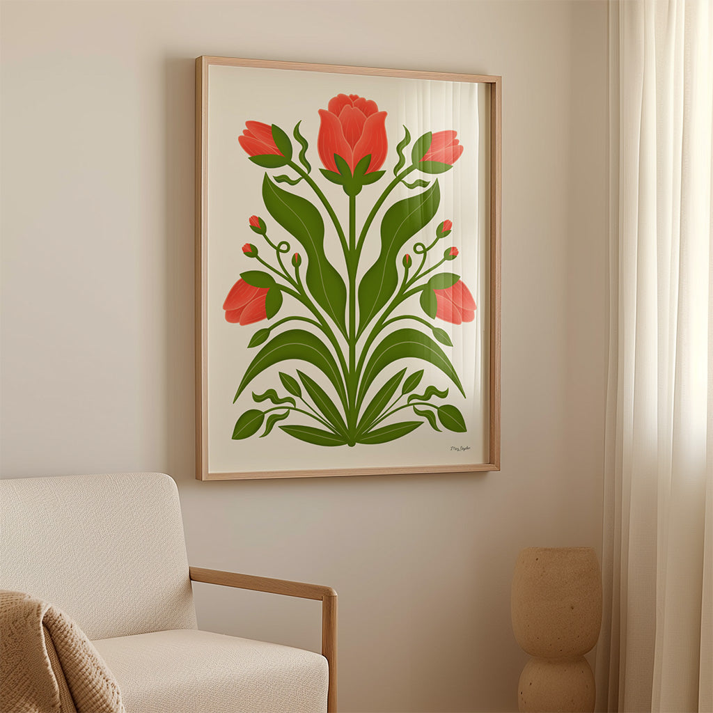 Red Tulips Art Print: a symmetrical botanical illustration with five red tulips and green leaves on a light beige background, perfect floral wall art to add elegance to your red-themed home decor.