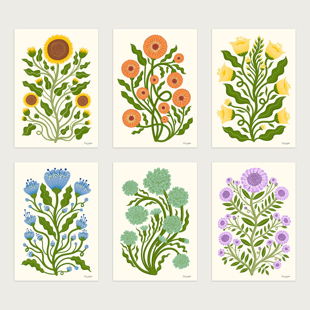 Folk Flowers x6 Art Print Bundle