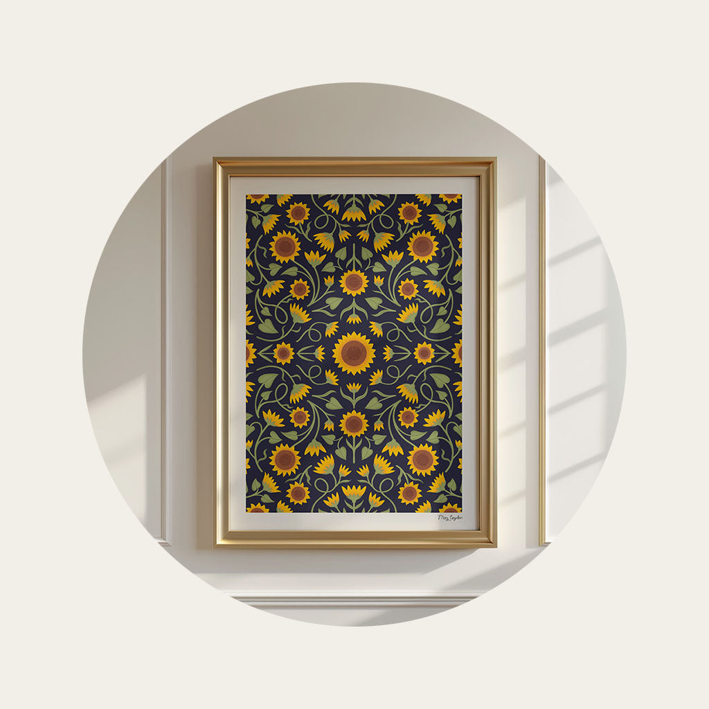 An illustrated sunflower art print hanging on a georgian panelled wall. 