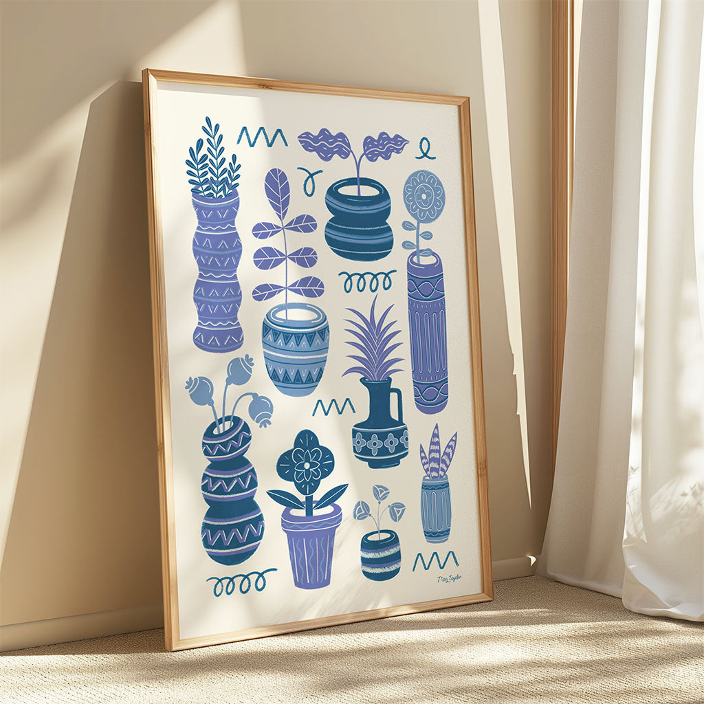 Blue Pots & Plants Art Print: Features nine stylized potted plants in blue and purple hues, each in unique retro ceramics on a light background—a charming decor piece for house plant lovers.