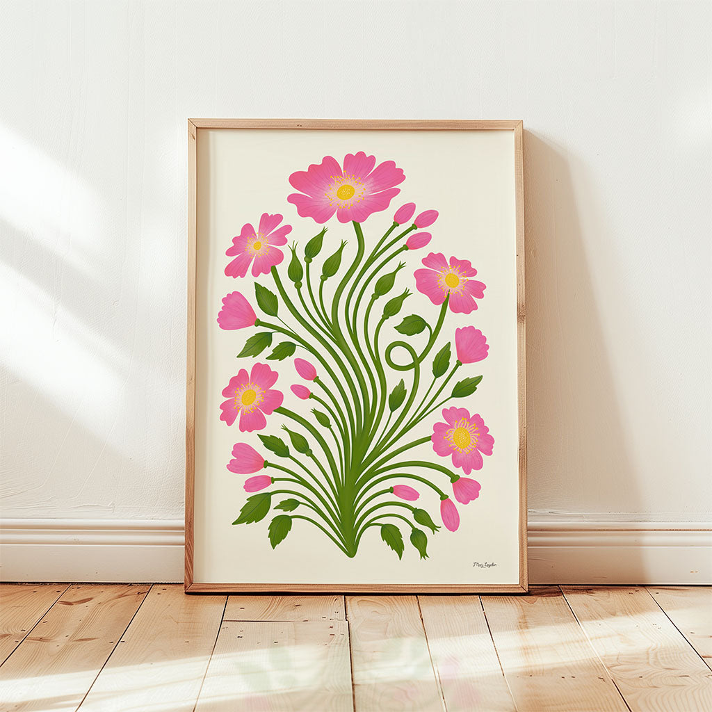 The Wild Roses Art Print features a botanical-style illustration of pink wild roses with green stems and leaves in a bouquet on an off-white background.