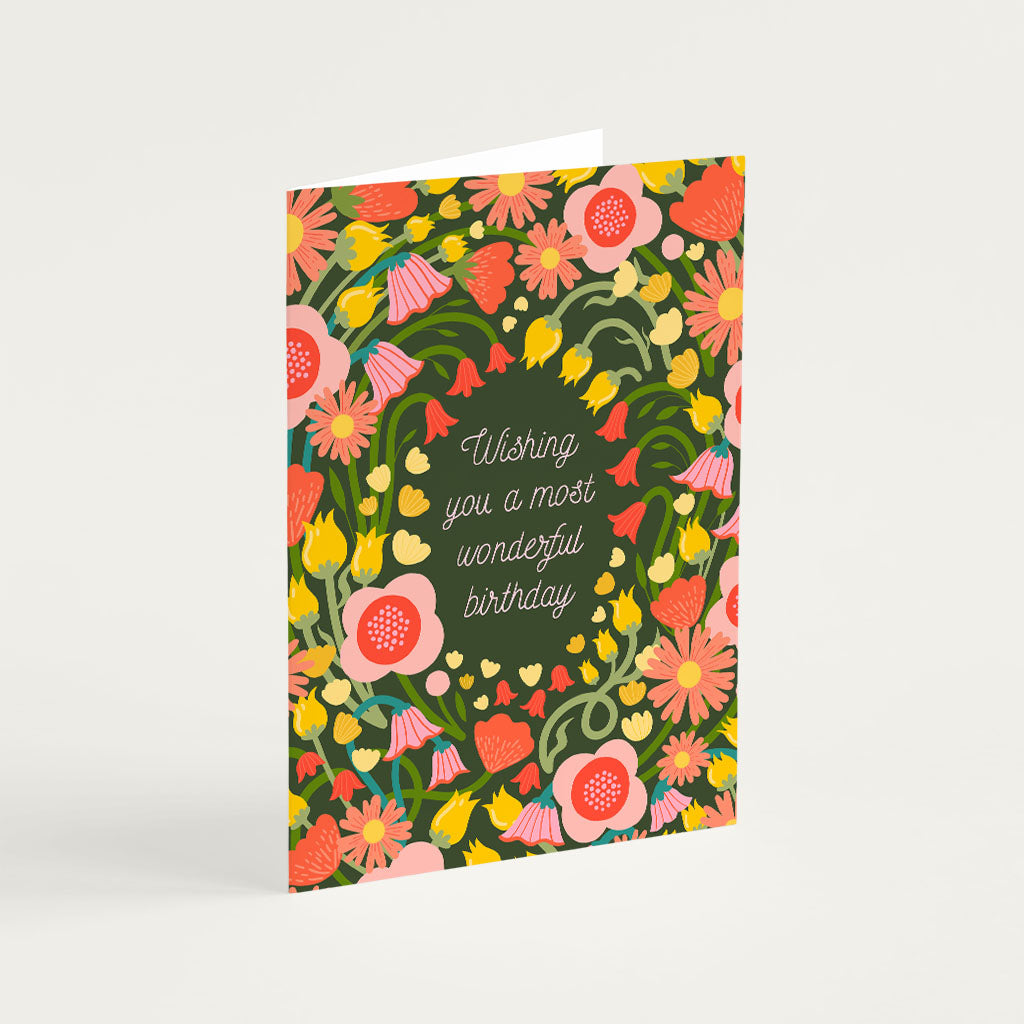 The Wonderful Birthday Greetings Card features retro floral illustrations and the message Wishing you a most wonderful birthday in the centre.