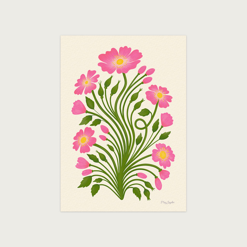 The Wild Roses Art Print features a botanical-style illustration of pink wild roses with green stems and leaves in a bouquet on an off-white background.